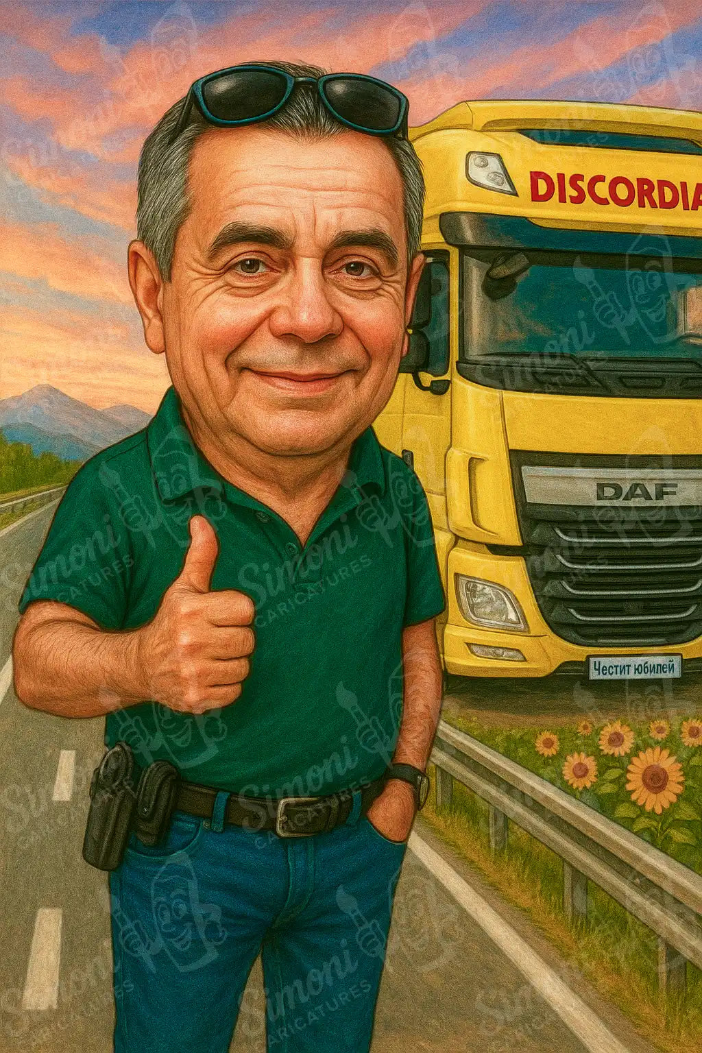 Карикатура на шофьор на тир Discordia с жест палец нагоре пред жълт камион DAF – Simoni Caricatures, персонализиран подарък за юбилей